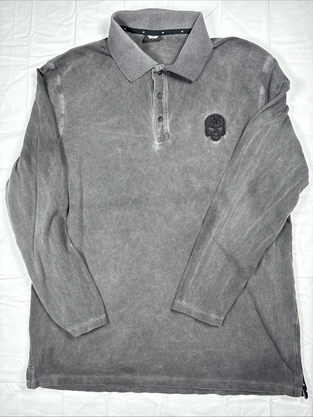 PXG Men's Long Sleeve Polo Shirt - Gray with Skull Patch “Darkness”